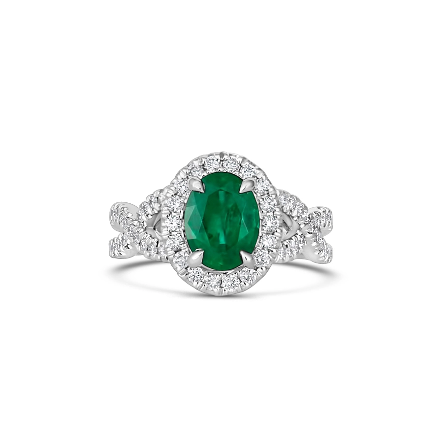 14K White Gold Oval Emerald Ring with Diamond Halo and Infinity Design Shank