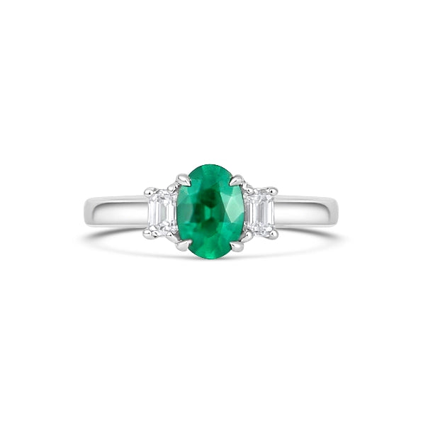 14K White Gold Oval Emerald Ring with Emerald Cut Diamond Sides