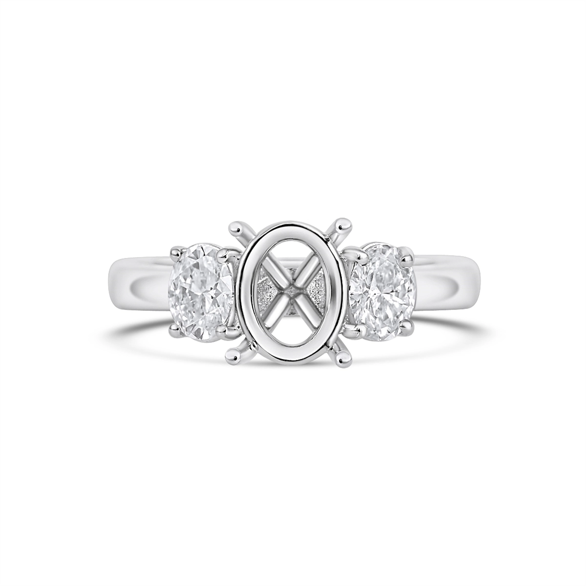 14K White Gold Three Stone Diamond Ring, Oval Sides