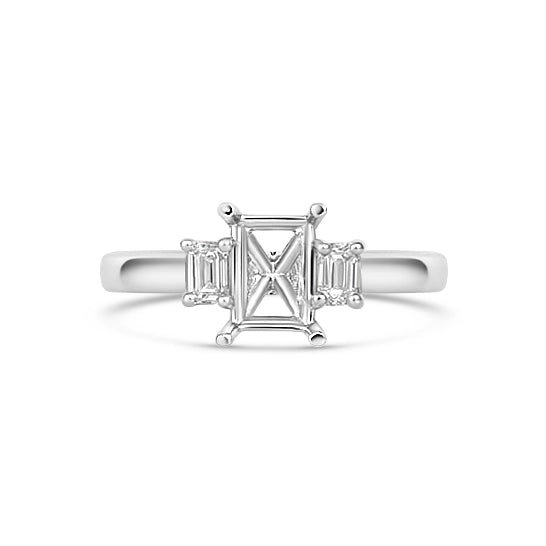 14K White Gold Three Stone Ring with Emerald Cut Diamond Sides