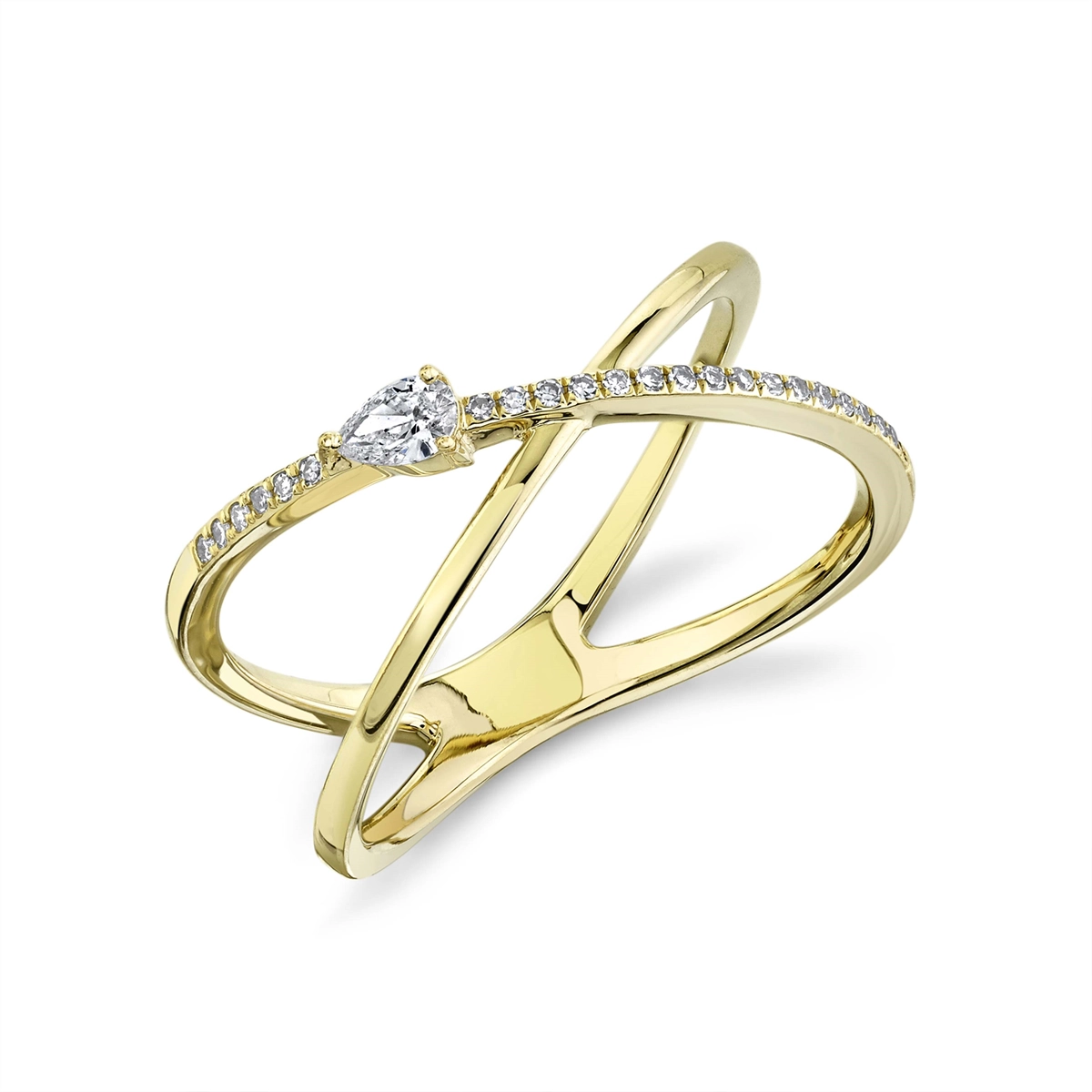 14K Yellow Gold Pear and Round Diamond Crossover Ring