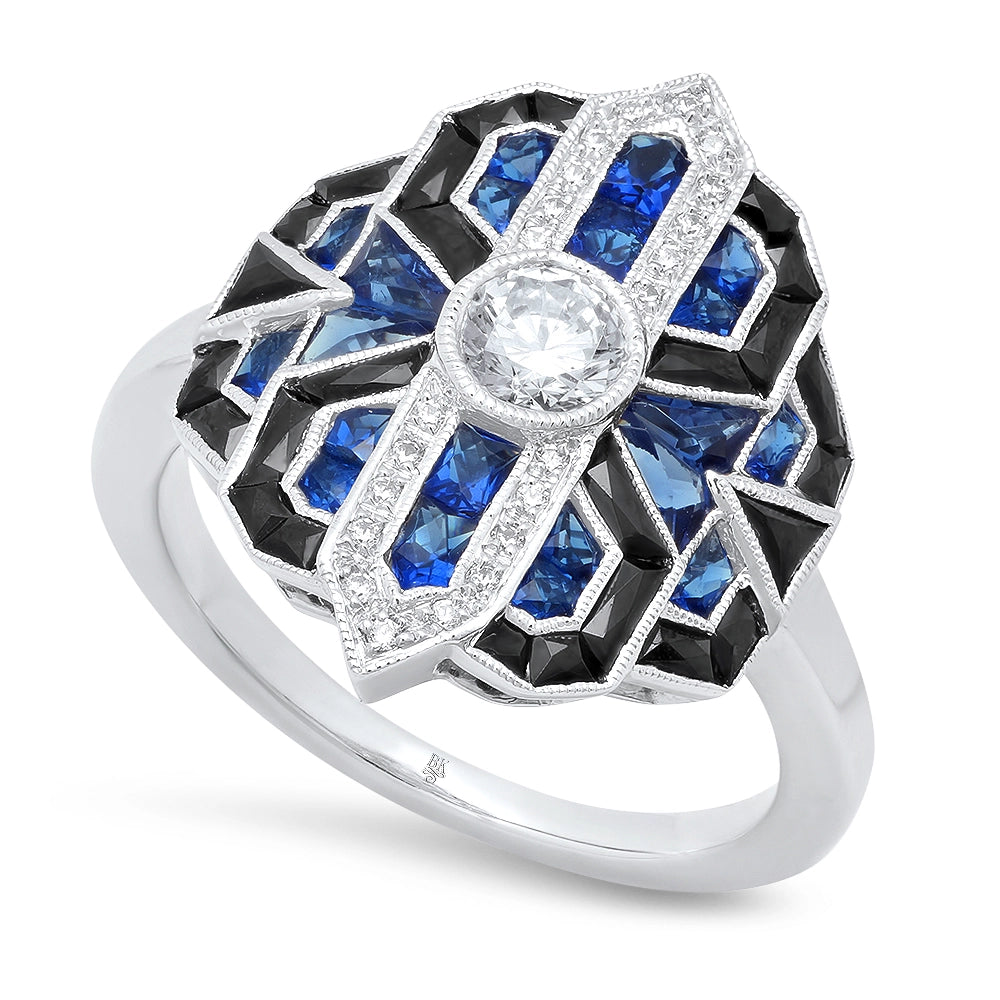 18K White Gold Art Deco Ring with Diamonds, Sapphires and Black Onyx