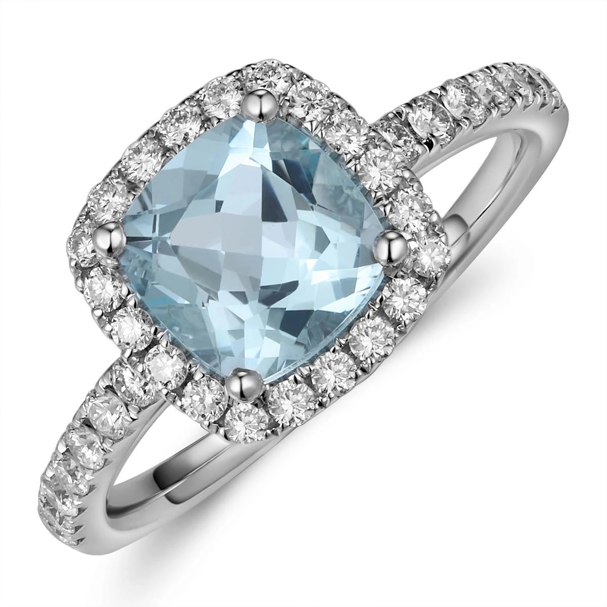 18K White Gold Cushion Aquamarine with Diamond Halo Ring