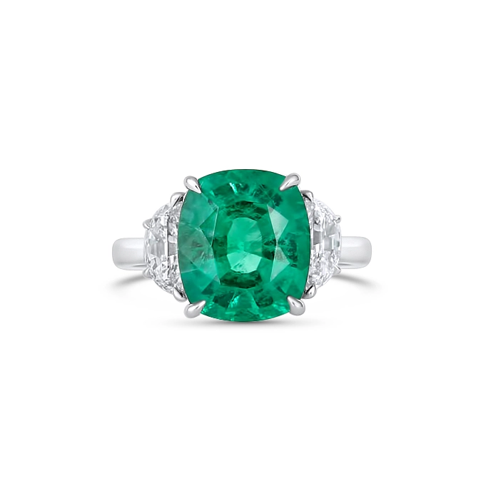 18K White Gold Cushion Cut Emerald Ring with Half Moon Diamond Sides