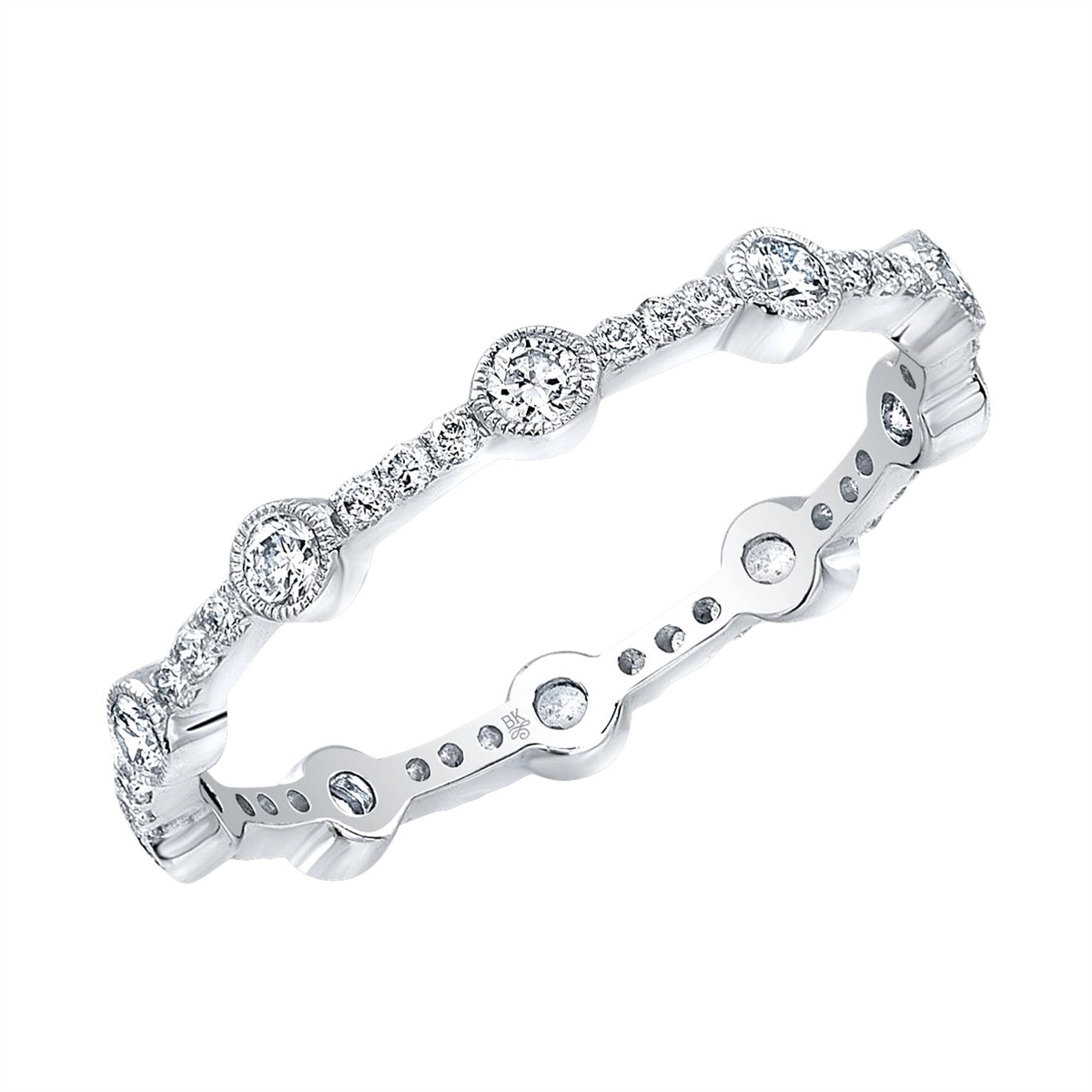 18K White Gold Diamond Eternity Band, Three Prong Set Rounds, One Larger Bezel Set Round