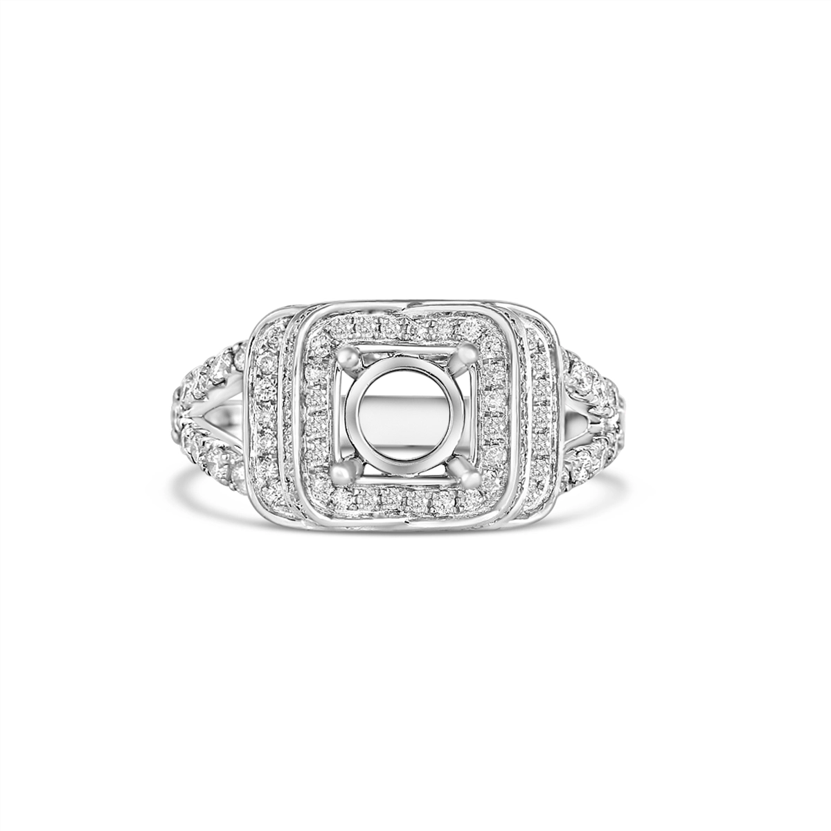 18K White Gold Diamond Semi-mount, Cushion Halo, Prong Set