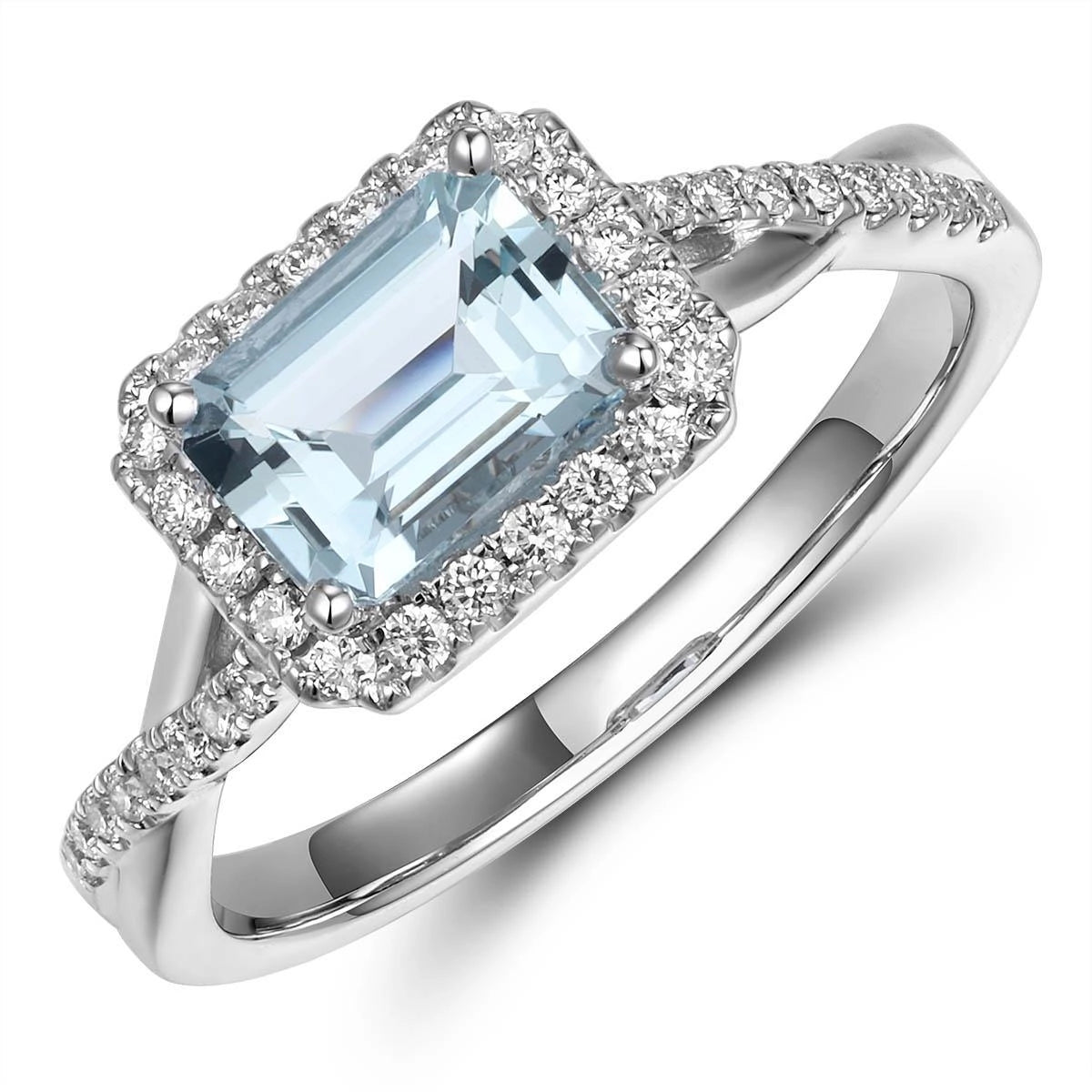 18K White Gold East to West Emerald Cut Aquamarine Ring with Diamond Halo and Crossover Shank