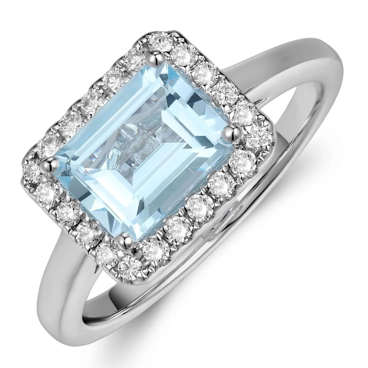 18K White Gold East to West Emerald Cut Blue Topaz with Diamond Halo Ring