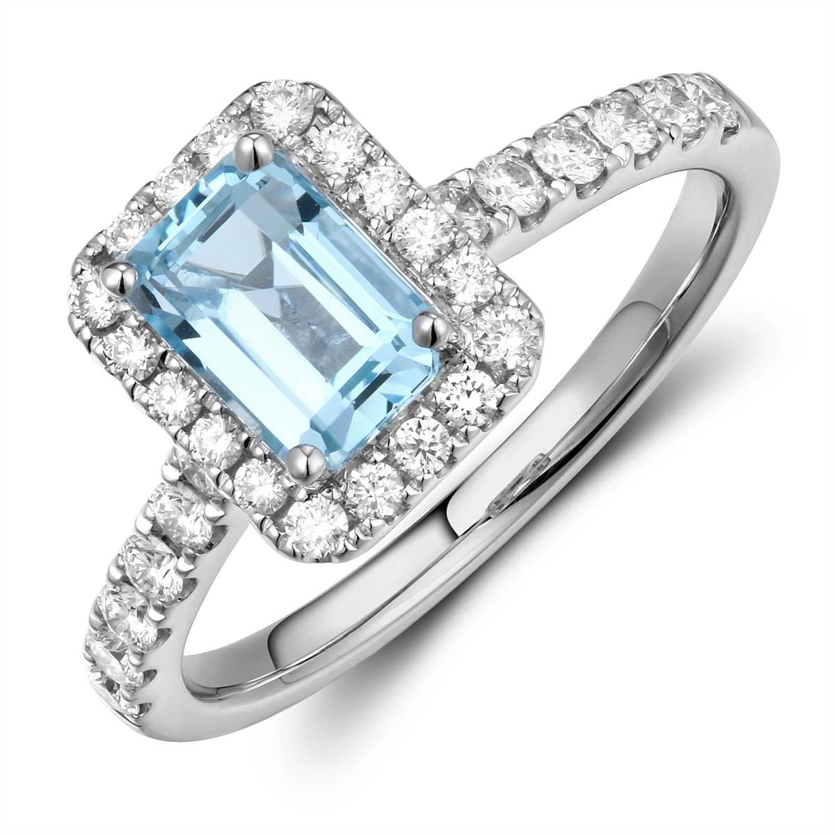 18K White Gold Emerald Cut Blue Topaz with Diamond Halo Ring