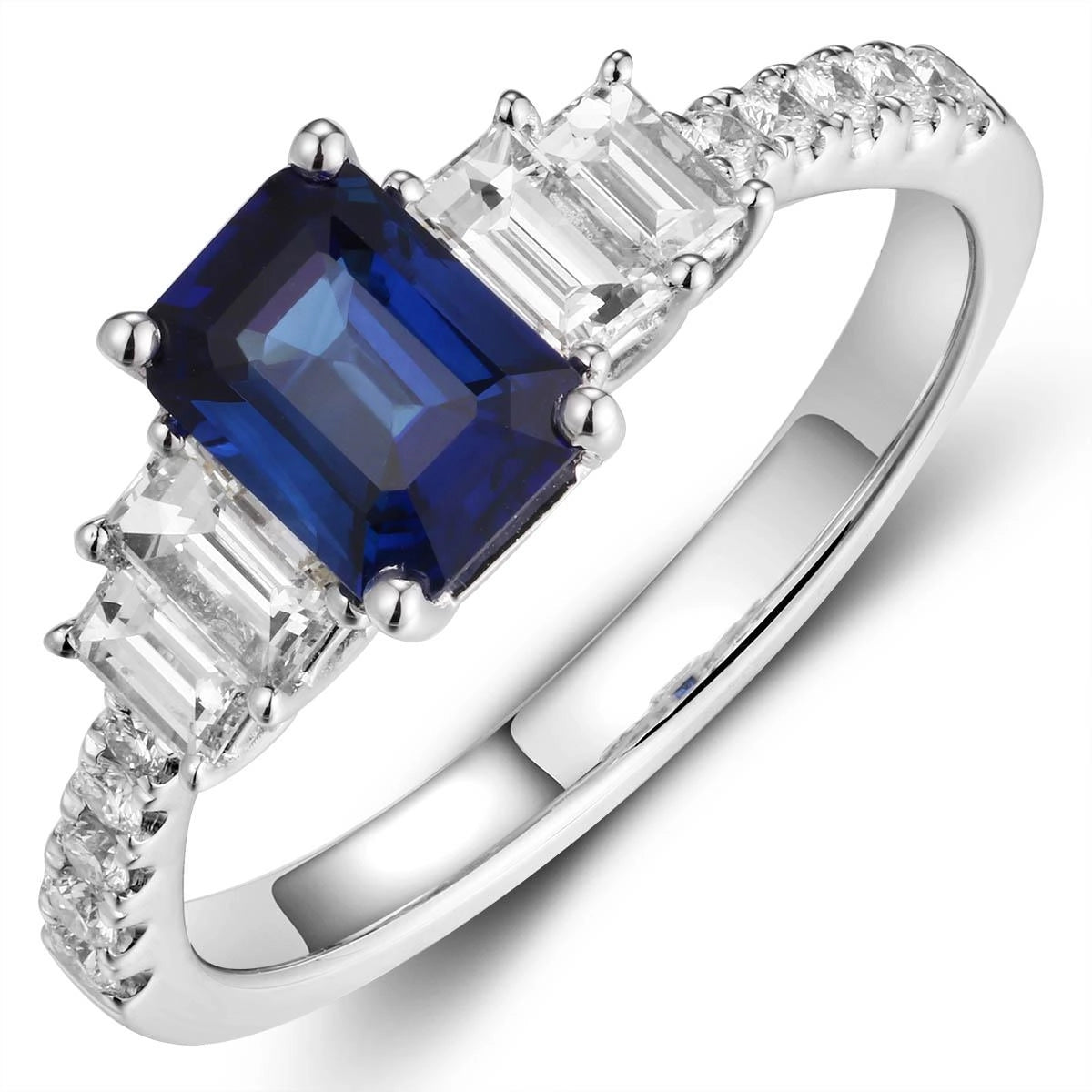 18K White Gold Emerald Cut Sapphire Ring with Baguette and Round Diamonds