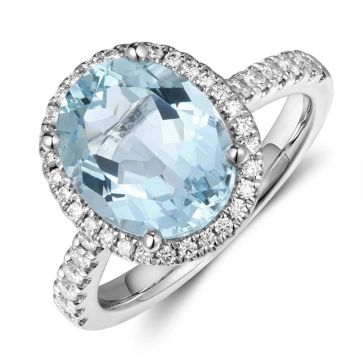 18K White Gold Oval Aquamarine with Diamond Halo Ring