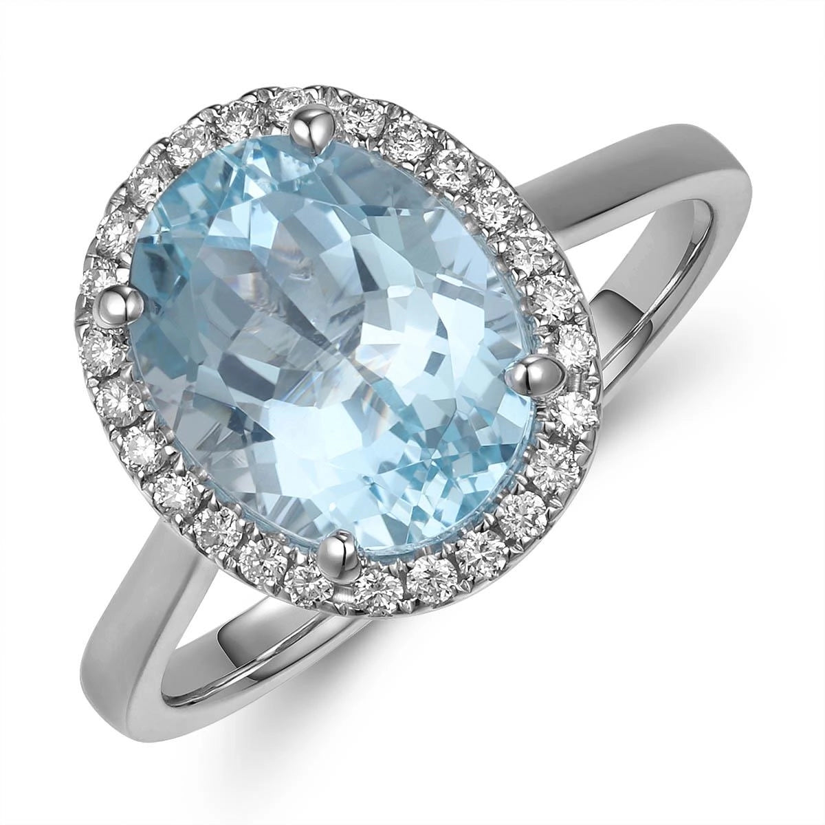 18K White Gold Oval Aquamarine with Diamond Halo Ring