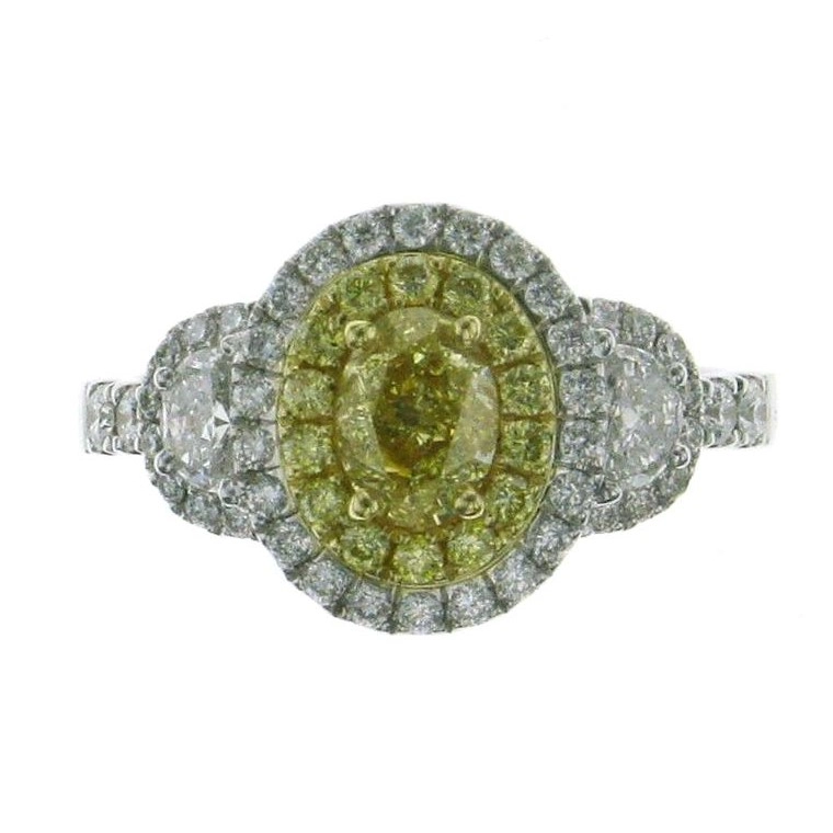 18K White Gold Oval Fancy Yellow Diamond Ring with White & Fancy Yellow Diamond Halo