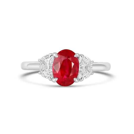 18K White Gold Oval Ruby Ring with Half Moon Diamond Sides