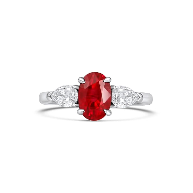 18K White Gold Oval Ruby Ring with Pear Diamond Sides