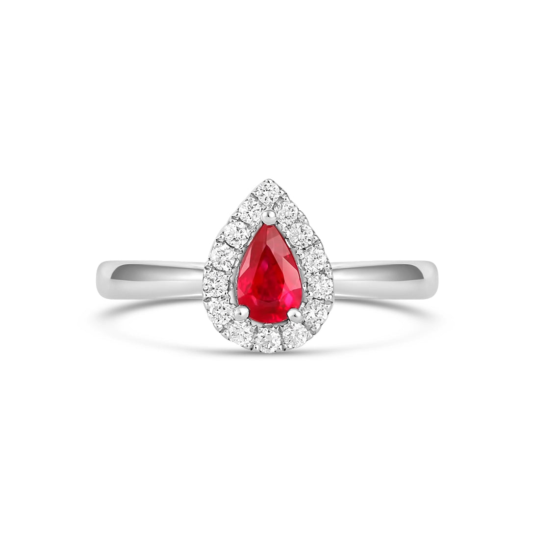 18K White Gold Pear Cut Ruby with Diamond Halo Ring