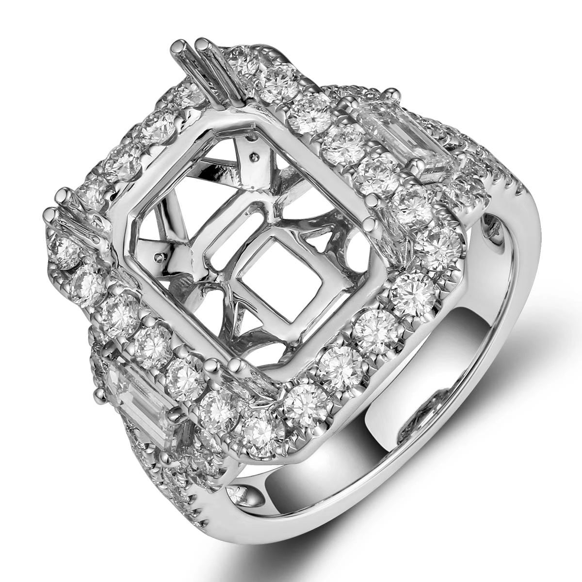 18K White Gold Rectangular Halo Semi Mount Diamond Ring with Baguette Diamond Sides and Split Shank