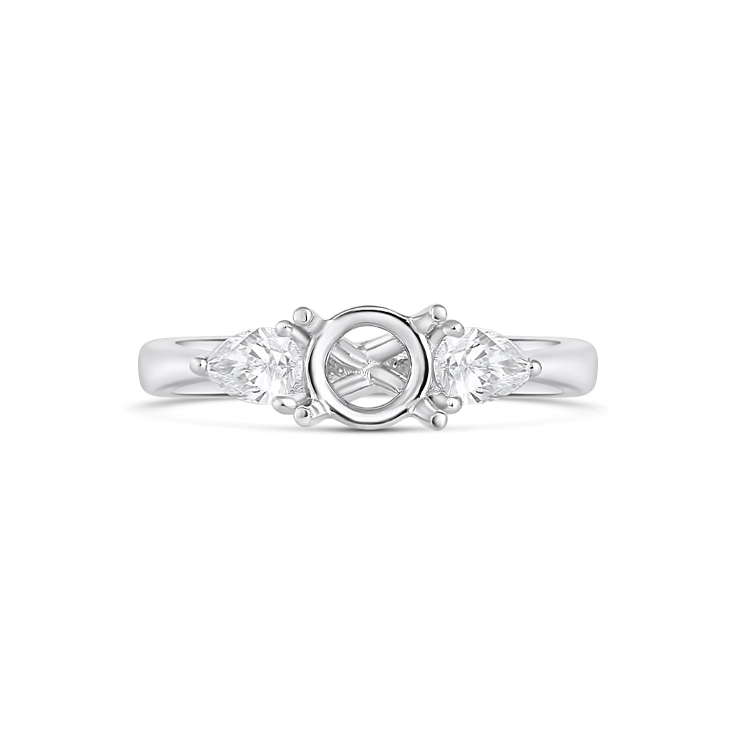 18K White Gold Three Stone Round Semi Mount Ring with Pear Diamond Sides