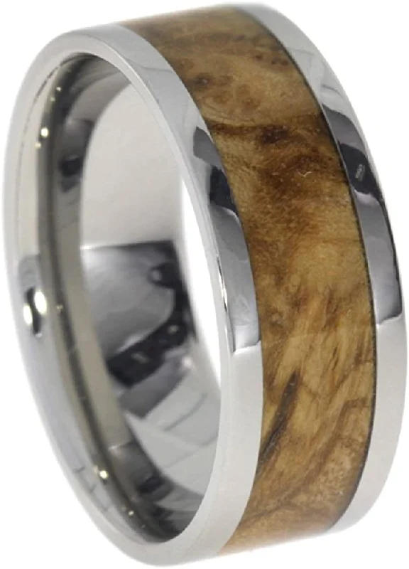 Black Ash Burl Wood Inlay 8mm Comfort Fit Polished Titanium Band, Size 15