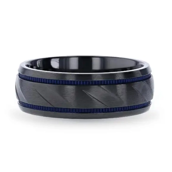 Black Titanium Carved Diagonal Pattern 8mm Band with Blue Milgrain Grooves and Brushed Finish