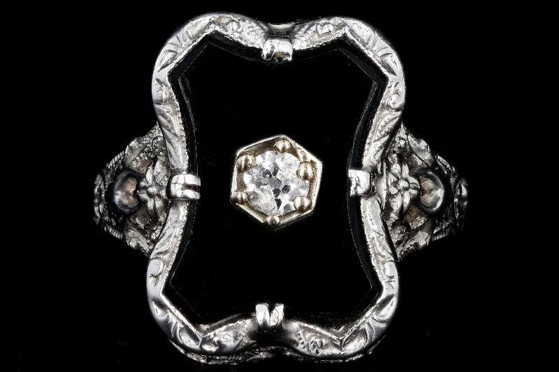 Art Deco 14K White Gold Onyx & Diamond Ring