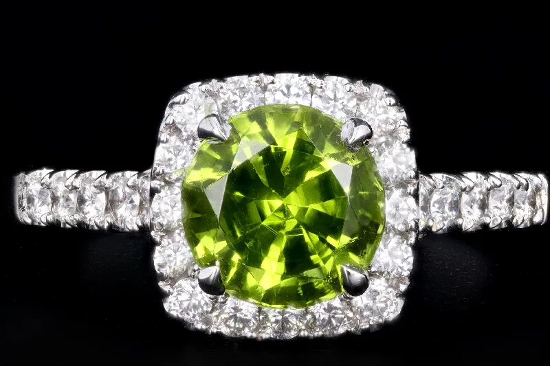 Modern 14K White Gold 1.87 Carat Peridot & Diamond Halo Ring