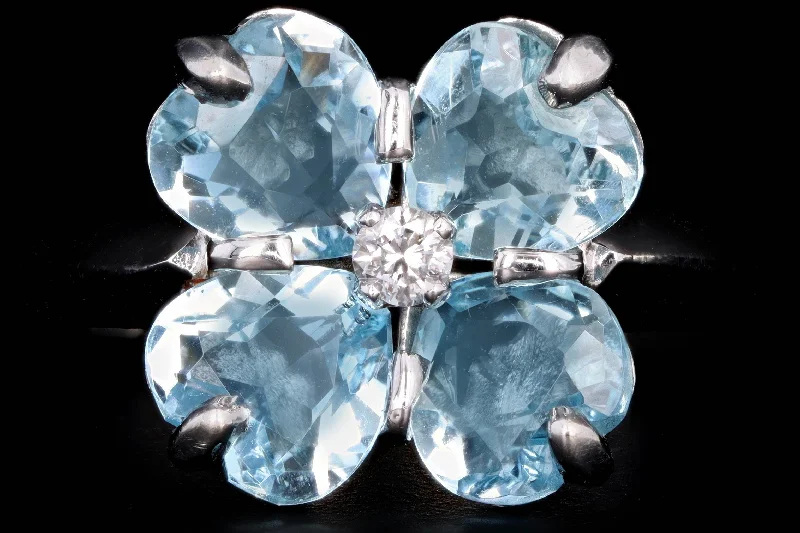 Modern 14K White Gold 2 Carat Aquamarine & Diamond Clover Ring