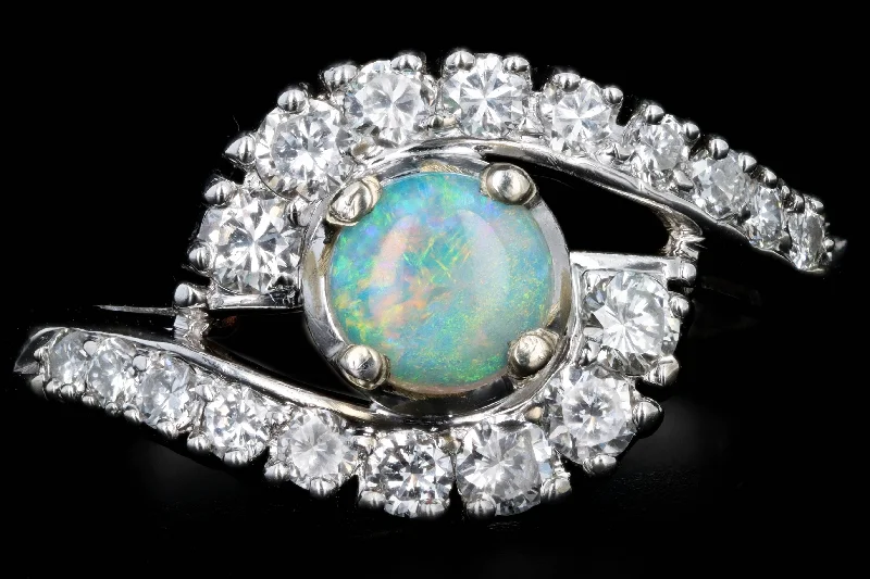 Modern 14K White Gold .32 Carat Round Natural Opal & Diamond Ring