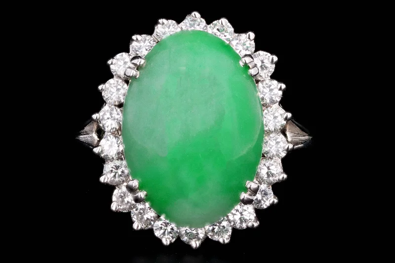 Modern 14K White Gold 6 Carat Jade & Diamond Halo Ring