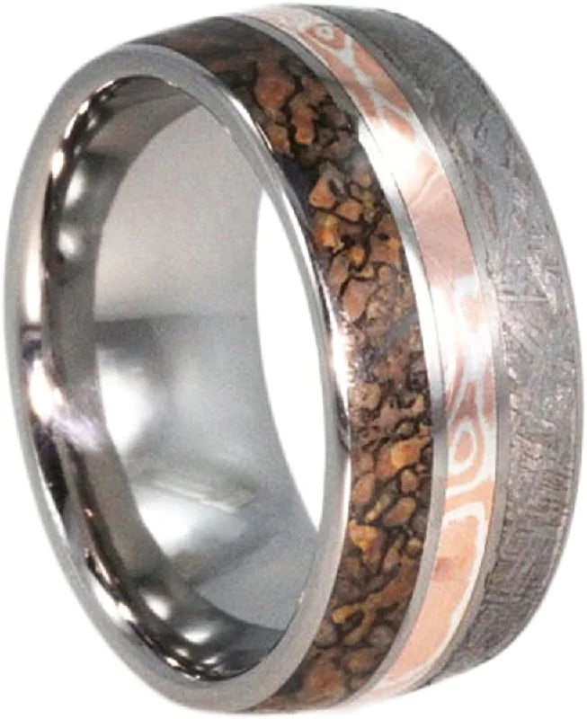 Dinosaur Bone, Gibeon Meteorite, Mokume Gane 10mm Comfort Fit Titanium Band, Size 11.5