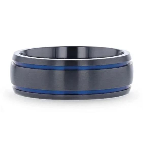 Domed Black Titanium Brushed Finish 8mm Band with Blue Grooves