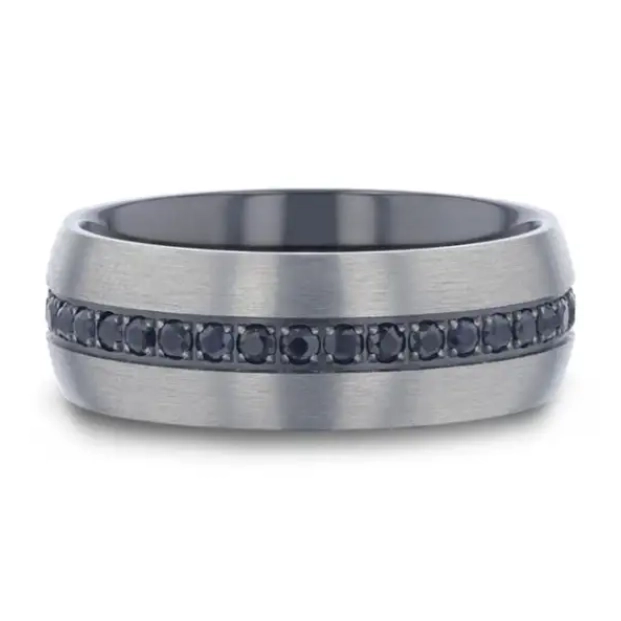 Domed Brushed Titanium 8mm Band with Black Sapphire