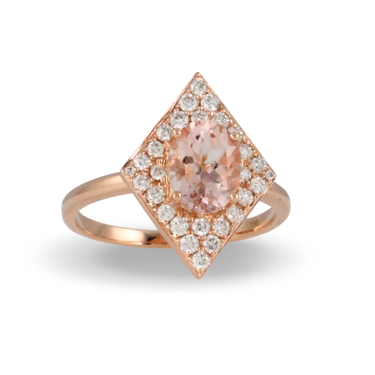 Doves 18K Rose Gold Diamond Shaped Halo Ring with Oval Morganite and Round Diamonds