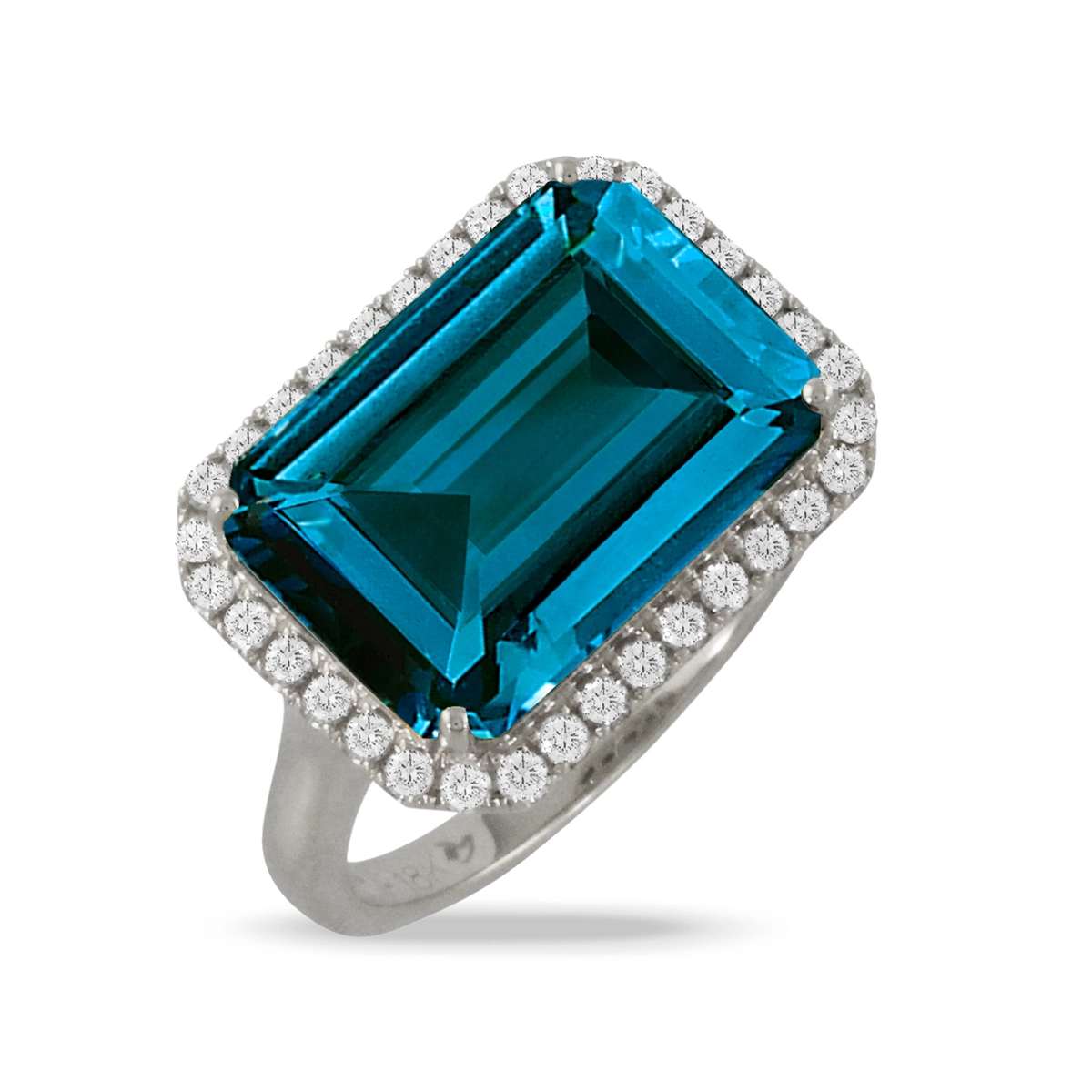 Doves 18K White Gold London Blue Topaz with Diamond Halo Ring