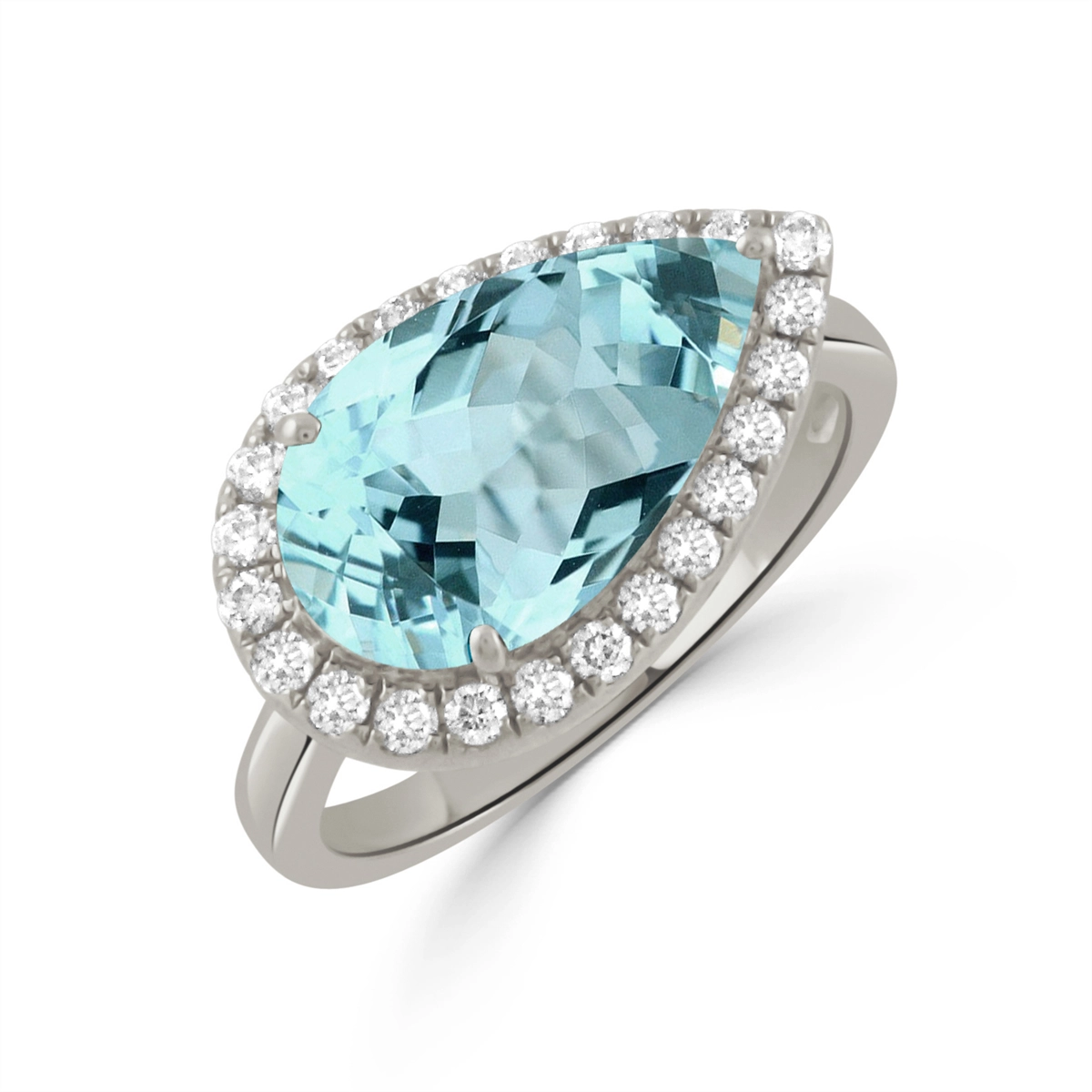 Doves 18K White Gold Pear Sky Blue Topaz with Diamond Halo Ring