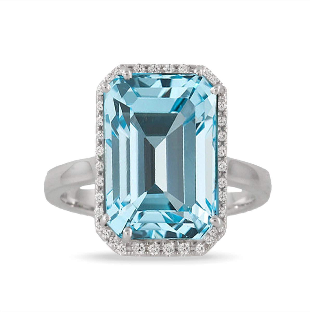 Doves 18K White Gold Rectangular Sky Blue Topaz with Diamond Halo Ring