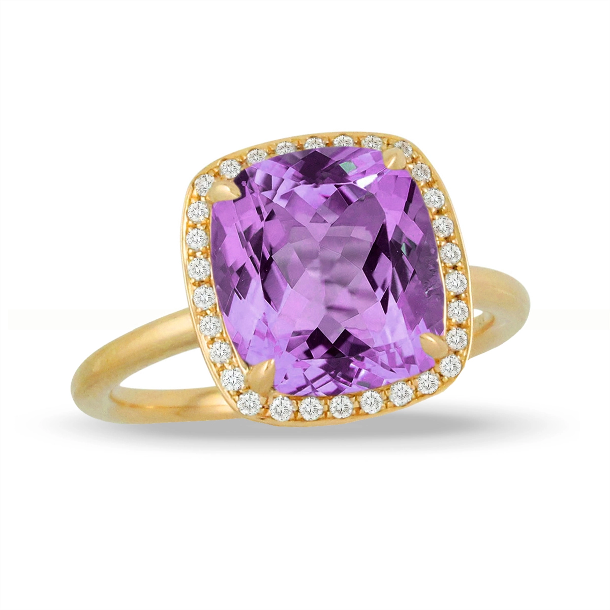 Doves 18K Yellow Gold Cushion Amethyst with Diamond Halo Ring