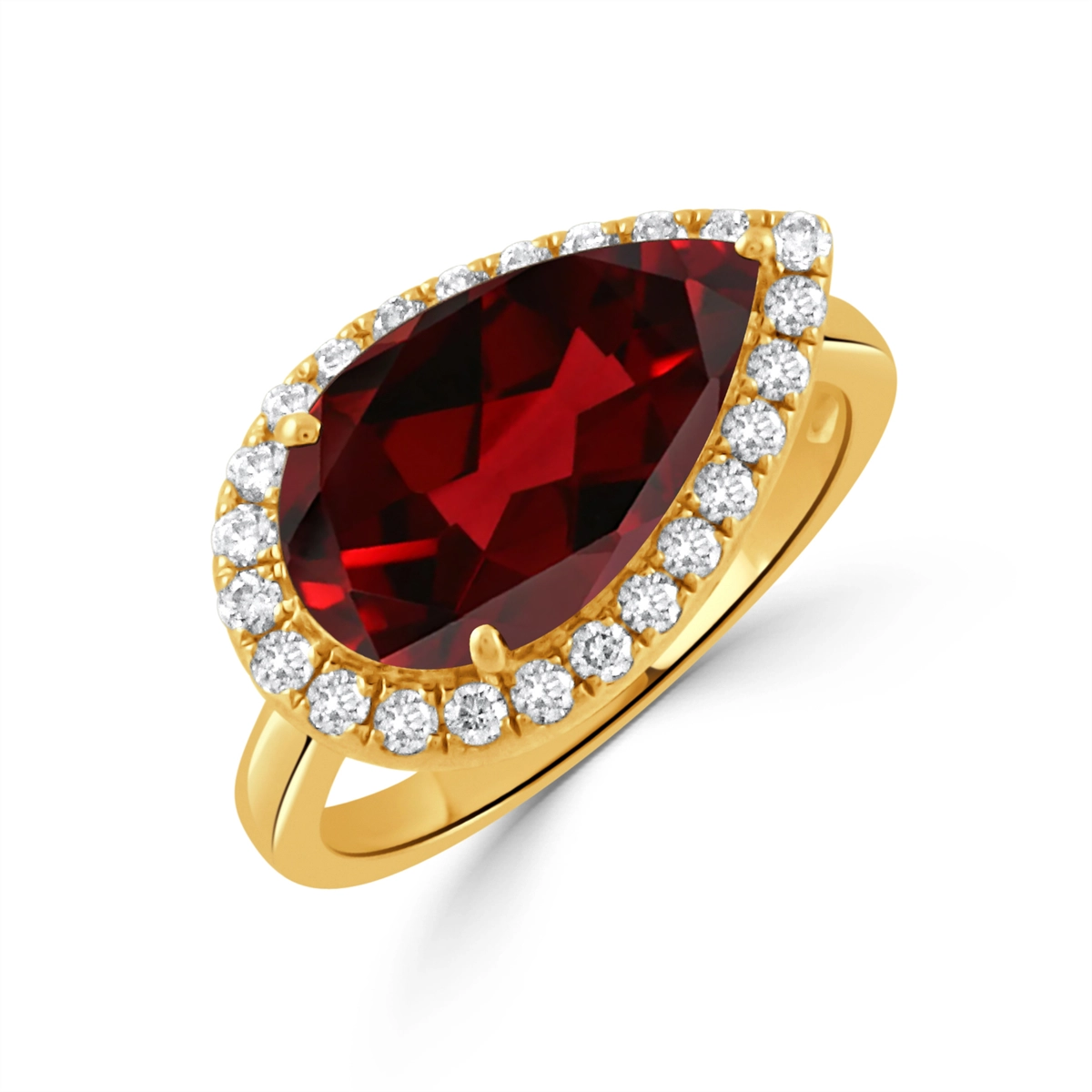 Doves 18K Yellow Gold East to West Pear Garnet with Diamond Halo Ring