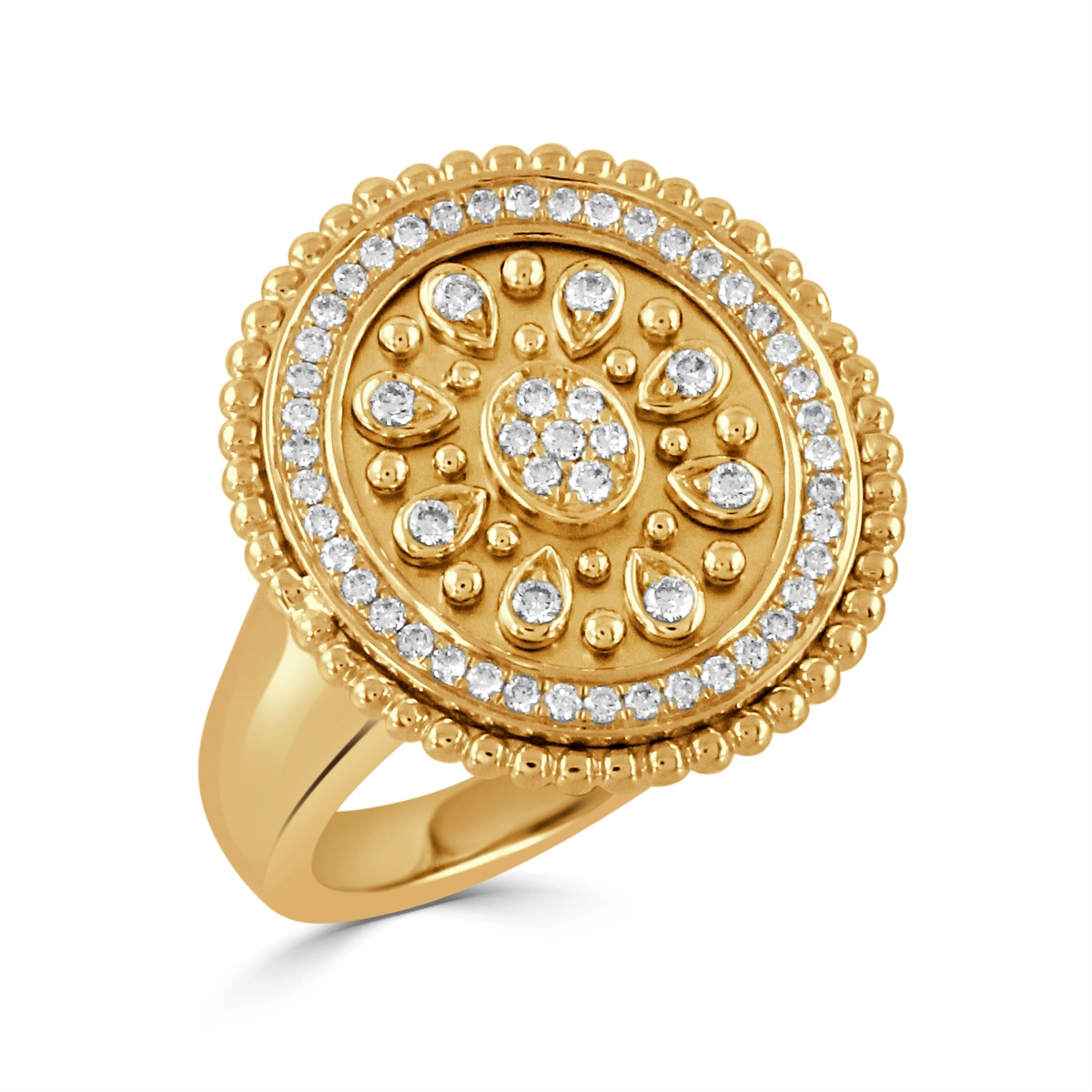 Doves 18K Yellow Gold Oval Ring with Diamond and Beaded Edge