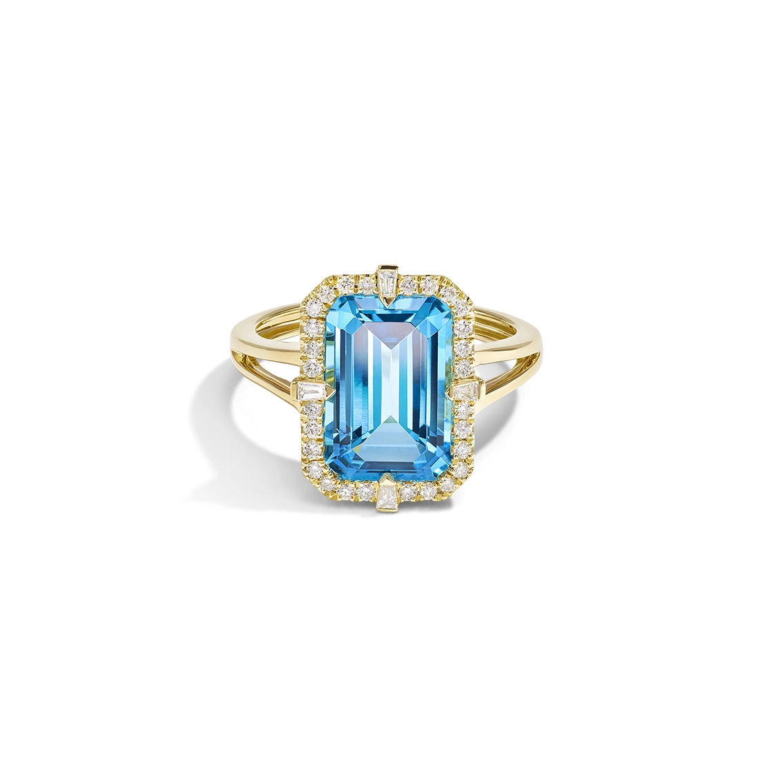 Doves 18K Yellow Gold Rectangle Blue Topaz with Diamond Halo Ring