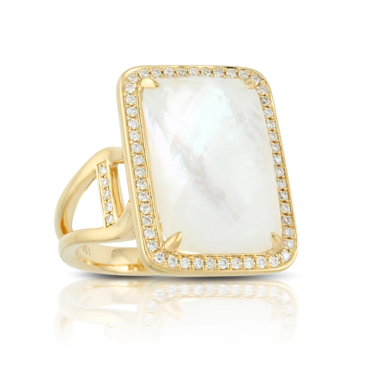 Doves 18K Yellow Gold Rectangular Clear Quatz over Mother of Pearl with Diamond Halo Ring