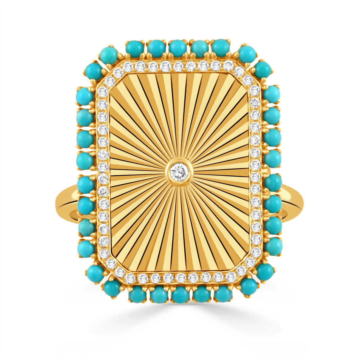 Doves 18K Yellow Gold Rectangular Ring with Turquoise and Diamond Border