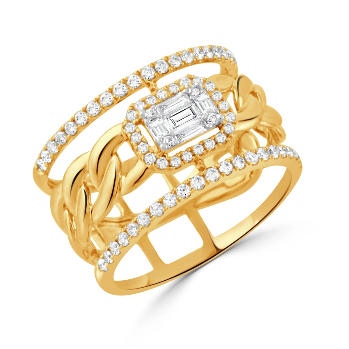 Doves 18K Yellow Gold Wide Open Ring with Cluster Baguette and Round Diamond Center with Chain Link and Diamond Border