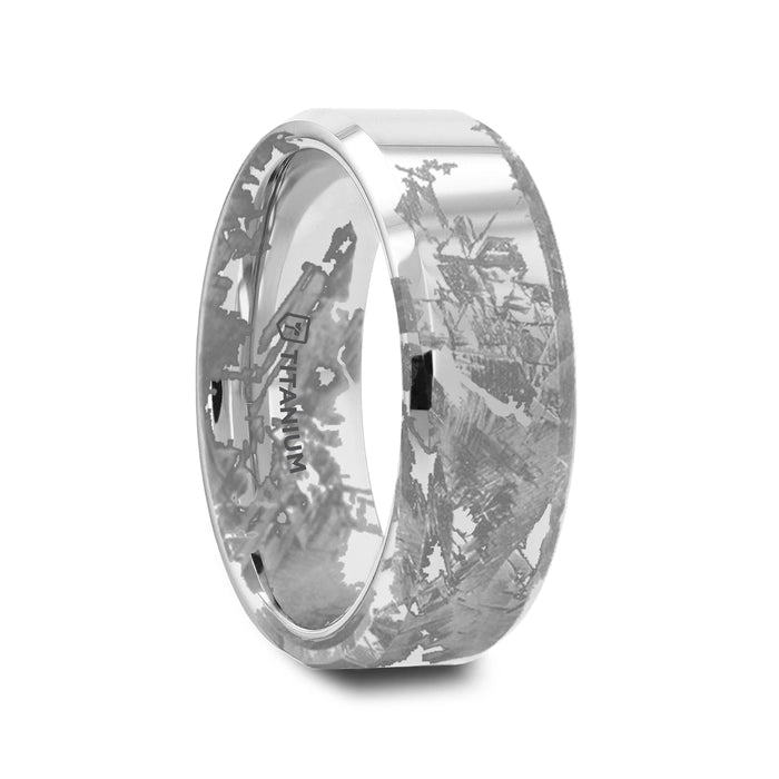 Flat Titanium Band with Beveled Edges and Meteorite Pattern