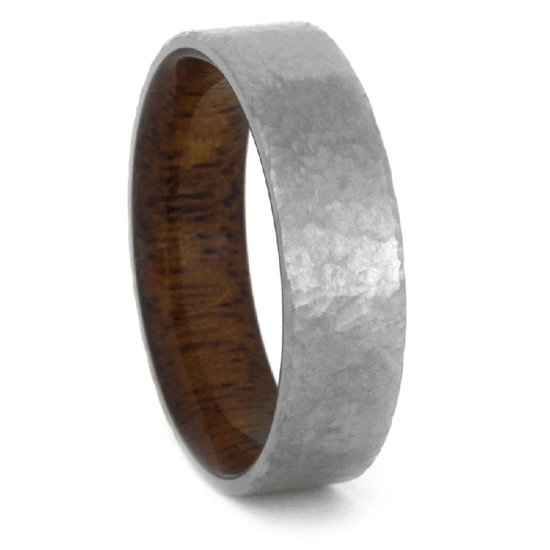 Mahogany Wood Ring with Hammered Titanium Band, 7mm Comfort-Fit