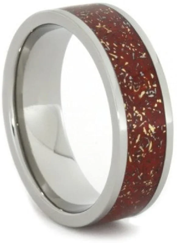 Meteorite Shavings Red, Orange, Yellow Inlay 7mm Comfort-Fit Titanium Ring