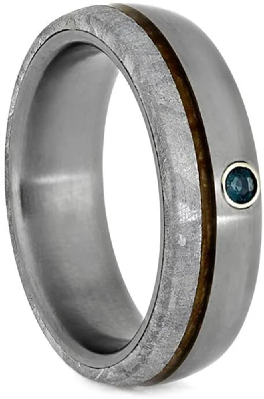 The Men's Jewelry Store (Unisex Jewelry) Alexandrite, Meteorite, Whiskey Barrel Oak Wood 7mm Matte Comfort-Fit Titanium Band, Size 6.75