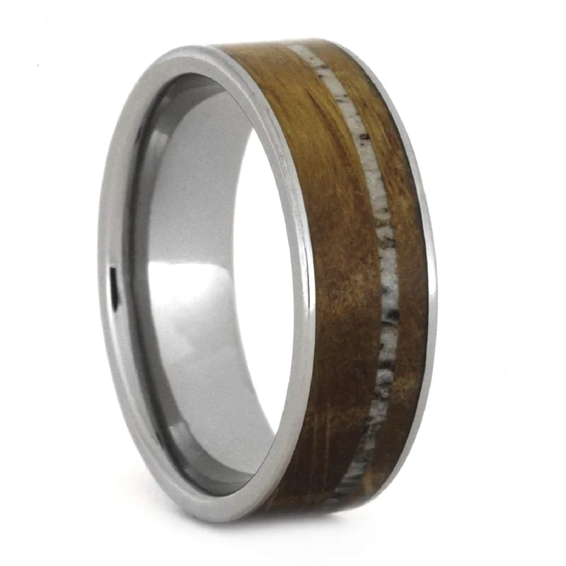 Whiskey Barrel Oak Wood, Deer Antler 7mm Comfort-Fit Titanium Band