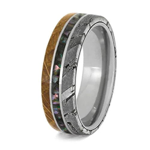 Whiskey Barrel Oak Wood, Seymchan Meteorite, Crushed Abalone 6.5mm Comfort-Fit Titanium Band, Size 12