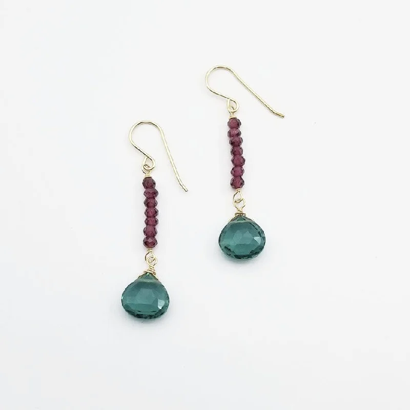 Garnet Rondelle Bar and Green Drop Earring